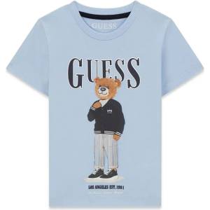GUESS Светлосиня тениска за мини момче с цветно мече отпред и тъмносин надпис Guess