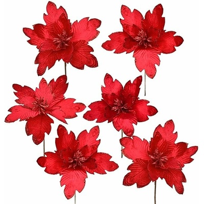DOMMIO Poinsetie květ - zápich textilní, průměr 30 cm, 6 ks, třpytivá červená