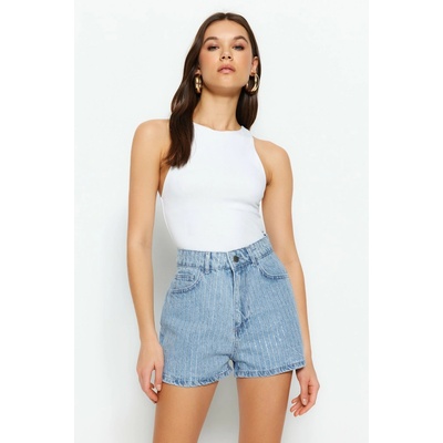 Trendyol High Waist Denim Shorts With Blue Stones 8683048701058 modrá šedá