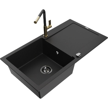 Mexen Leo мивка с отцедник и кухненски смесител Flora, черен - 6501-77-670401-57-B (6501-77-670401-57-B)