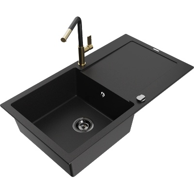 Mexen Leo мивка с отцедник и кухненски смесител Flora, черен - 6501-77-670401-57-B (6501-77-670401-57-B)