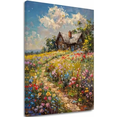 Obraz na plátne Chalúpka v kvetinovom poli | dokončené rukou umelca - 60x90 cm