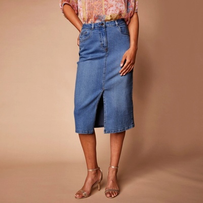 Džínsová rovná sukňa s rozparkom zapratá modrá