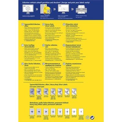Etikety polyesterové 210x297mm Avery A4 strieborné 20 hárkov