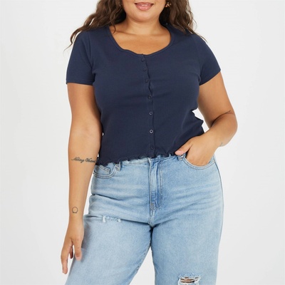 Brave Soul Фланелка с къс ръкав Brave Soul BS Plus Size Button Through Short Sleeve Top with Lettuce Hem - Navy