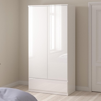 Гардероб Naia с 2 врати и 1 чекмедже Бял гланц