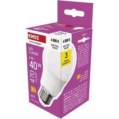 Emos ZQ5E23 LED ZIAROVKA CLASSIC A60 E27 4 W 40 W 470 LM NEUTRALNA BIELA