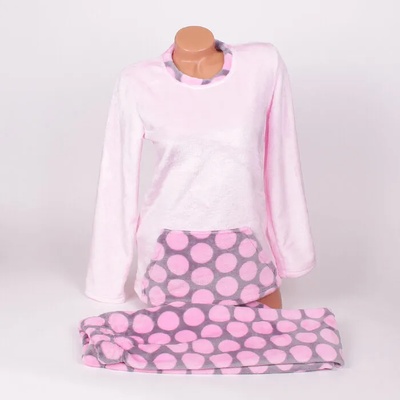 Топла зимна дамска пижама в розово и сиво с големи точки