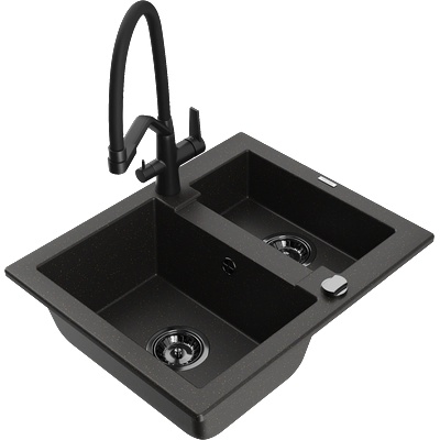 Mexen Carlos гранитна мивка с 1, 5 комори и кухненски смесител Duo, черно/златист металик - 6518-75-671701-70-B (6518-75-671701-70-B)