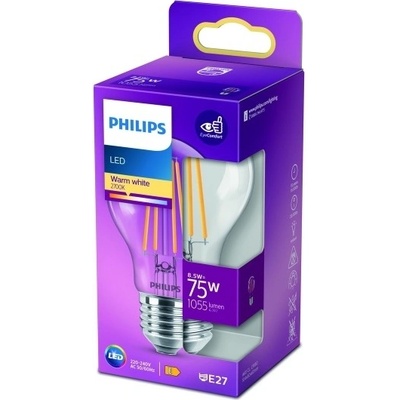 Philips LED žárovka E27 75W 2700K 9W čirá