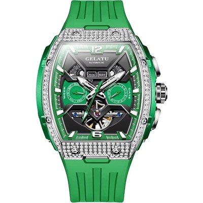 Gelatu Мъжки часовник GELATU Luxury Skeleton, Автоматичен, Силиконова каишка, Зелен (GELATU-6016-SILI-GREEN)