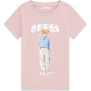 GUESS Розова тениска за момиче с цветно мече и бял надпис Guess