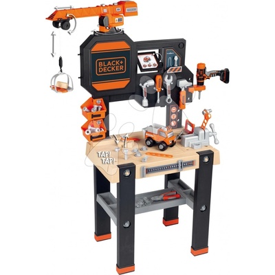 Smoby pracovný stôl s funkčným žeriavom Black&Decker Bricolo Builder so stavebnicou auto a vŕtačkou a 94 doplnkov 117 cm výška SM360731