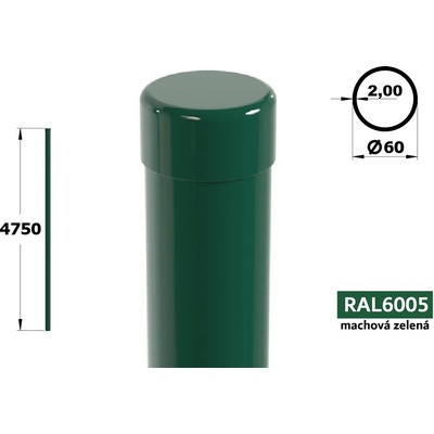 Plotový stĺpik 475 cm, priemer 60 mm, hr. steny 2,00 mm, machová zelená