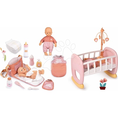 Smoby Set v dupačkách v spálni v kolíske Doll Baby Nurse s prebaľovacou taškou fľaškou a spací vak s plienkami