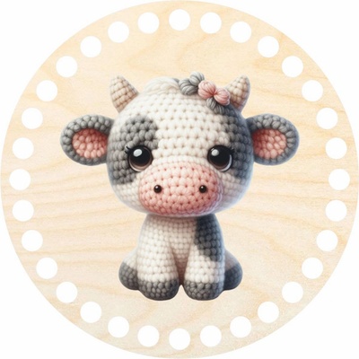 Woody Crafts Dno, víko, kruh 15 cm, Háčkovaná kravička