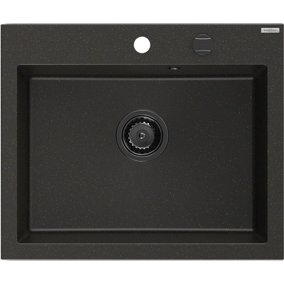 Mexen Elix гранитна мивка 1-коморова 600 x 500 мм, черно/златен металик, черен сифон - 6525601005-75-B (6525601005-75-B)