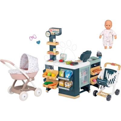 Smoby Set obchod elektronický smíšené zboží s chladničkou Maxi Market a hluboký kočárek s textilním potahem a 32 cm panenka