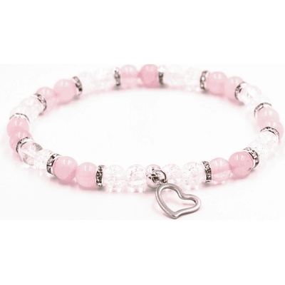 Milujeme Kameny Křišťál pukaný a růženín s přívěskem srdce - náramek kulička NPUK290
