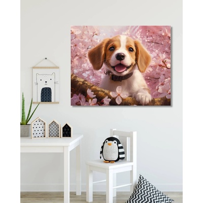 ZUTY Obrazy na stenu - Pes a rozkvitnutá čerešňa Rámovanie: vypnuté plátno na rám, Rozmer: 40x50 cm