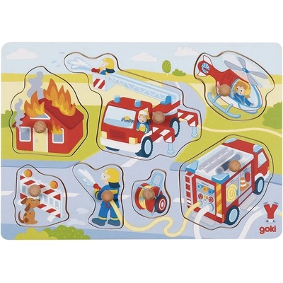 Goki Дървен пъзел с дръжки Goki - Пожарникари в действие, 7 части (57375)