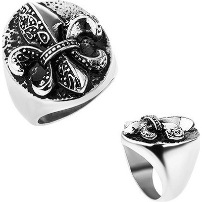 Šperky eshop prsten z oceli Fleur de Lis v oválu stříbrná patina Z8.5