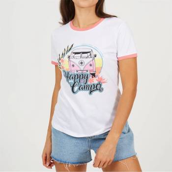 Brave Soul Тениска Brave Soul Happy Camper Ringer T-shirt - White/Coral
