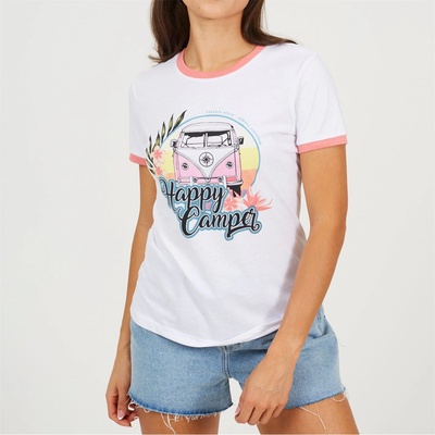 Brave Soul Тениска Brave Soul Happy Camper Ringer T-shirt - White/Coral
