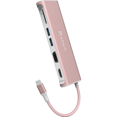 ADAM elements Casa Hub A03 - USB-C хъб с 2 USB изхода, HDMI порт, VGA порт и четец за карти памет за устройства с USB-C порт (розово злато) (AAPADHUBA03RG-1)