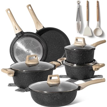 Just Perfecto Комплект тенджери и тигани Just Perfecto JL-789, 15 ч, Отливка, Мраморно покритие, Индукция, Аксесоари, Черен (JL-789 black)