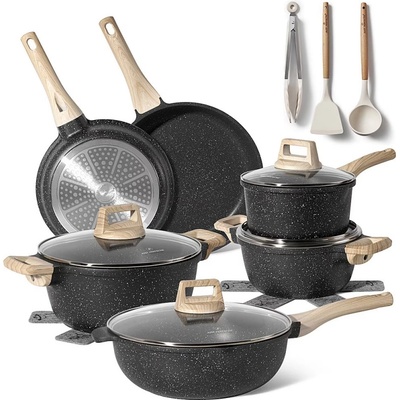 Just Perfecto Комплект тенджери и тигани Just Perfecto JL-789, 15 ч, Отливка, Мраморно покритие, Индукция, Аксесоари, Черен (JL-789 black)