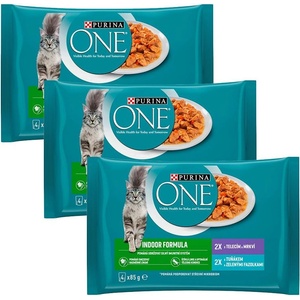 PURINA ONE INDOOR с риба тон и зелени фасул в сос, с телешко и морков в сос, 12 x 85 г