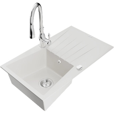 Mexen Cesar гранитна мивка с 1 корито, с отцедник и кухненски смесител Savita, бял - 6514-20-672601-00 (6514-20-672601-00)