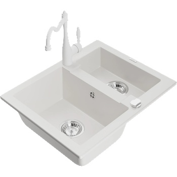 Mexen Carlos гранитна мивка 1, 5-комплектна с кухненски смесител Carla, бял - 6518-20-670700-20 (6518-20-670700-20)