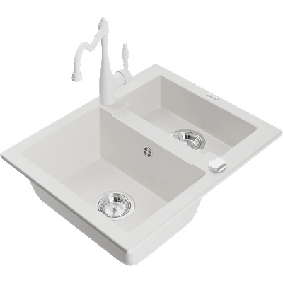 Mexen Carlos гранитна мивка 1, 5-комплектна с кухненски смесител Carla, бял - 6518-20-670700-20 (6518-20-670700-20)