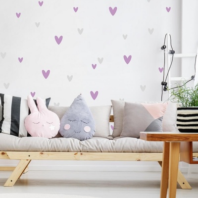 INSPIO 9534f Nálepky na zeď pro dívku - Fialová srdíčka pro dívku, samolepka na zeď, přelepitelná, velikost 90 x 30 cm