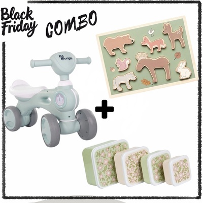 BF Combo: Bo Jungle: Музикално колело "Синьо" + Jabadabado: Дървен пъзел - Горски животни + A little lovely company: Сет от 4 кутии за храна (дизайн по избор) (BJ-B920050+JB-T278+SBSEBL44)
