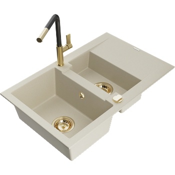 Mexen Gaspar гранитна мивка 1, 5-коморна с отцедник и кухненски смесител Flora, бежова - 6507-69-670401-57-G (6507-69-670401-57-G)