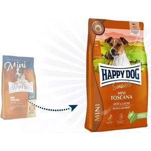 Happy Dog Mini Toscana - храна за алергични и капризни кучета от дребни породи, с патешко месо, сьомга и билки, 0, 8 кг, Германия - 61236