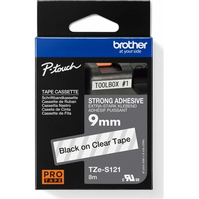 BROTHER TZES121 - kazeta TZ šířky 9mm, extrémně adhesivní lamino TZE-S121, průsvitná/černé písmo