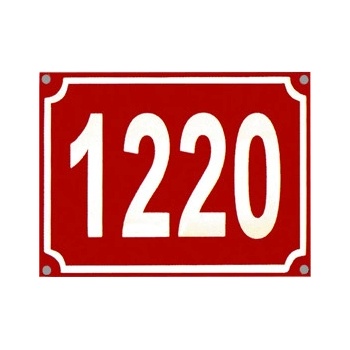 Smalt. cedule, domovní číslo, červená 20 x 15 cm, rámeček s obloučky, 1 řádek, max 4 znaky
