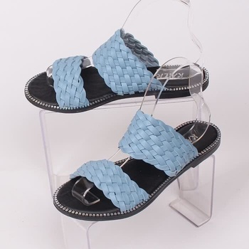 Светлосини кожени чехли с равна подметка