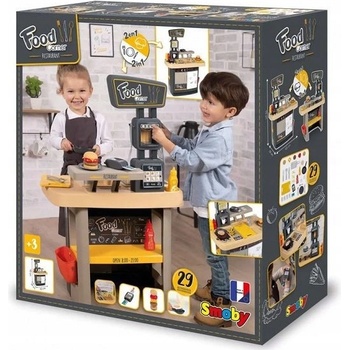 Smoby Food Corner reštaurácia s kuchynkou obojstranná s terminálom a dávkovačom nápojov 29 doplnkov