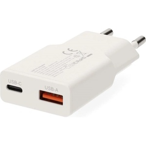 Nedis WCHA30WT Бързо зарядно устройство USB-A / USB-C, GaN, PD3.0, QC, бързо зареждане 1, 5 / 2, 0 / 2, 5 / 3, 0 A, 30 W, бяло (WCHA30WT)
