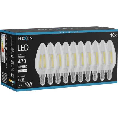 Mexen Vintis 10x LED филамент крушка E14, C35, 4W, Неутрална - 4000K, 470 lm, прозрачно - (L154-E14-0440-00x10)