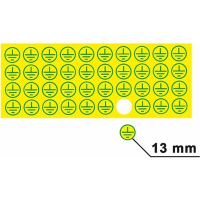 Znak ochranné uzemnění - žlutá fólie, zelený tisk Ø 13 mm, Fólie, aršík 40 ks