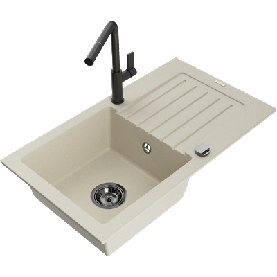 Mexen Pablo гранитна мивка с една камера с отцеден и кухненски смесител Flora, бежов - 6510-69-670401-70-B (6510-69-670401-70-B)