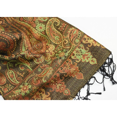 Hedvábná šála Jamawar velká černá a zelená s ornamenty