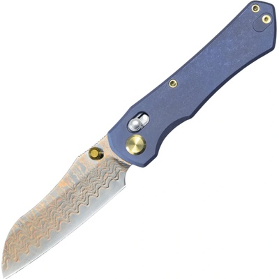 GEO Knife Komodo Damascus Steel&Copper Blade, Blue Ti Handle GEO2509B