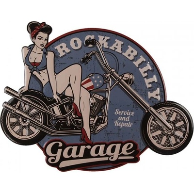 Nástěnná kovová cedule Garage se slečnou v pin-up stylu – 60x1x46 cm